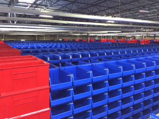 Colorful storage bins arranged neatly