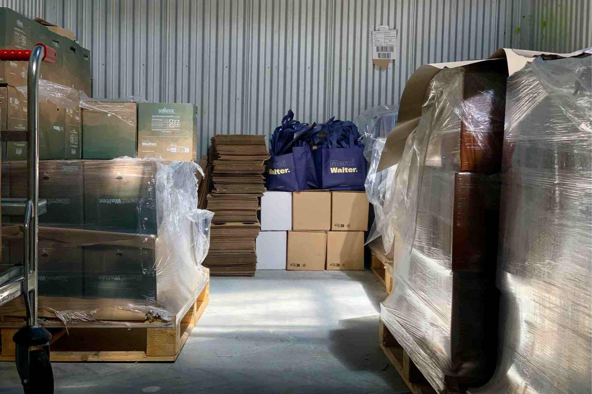 Pallets with various products wrapped and stacked